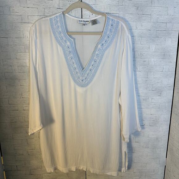 C.D. Daniels women’s tunic blouse white gauze blue embroidery bohemian plus size - Picture 1 of 7